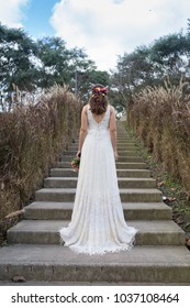 Bride's Back Wearing White Dress Outdoor,  Wedding Day, Getting Ready, First Look Bride, Flower Crown, Country Style