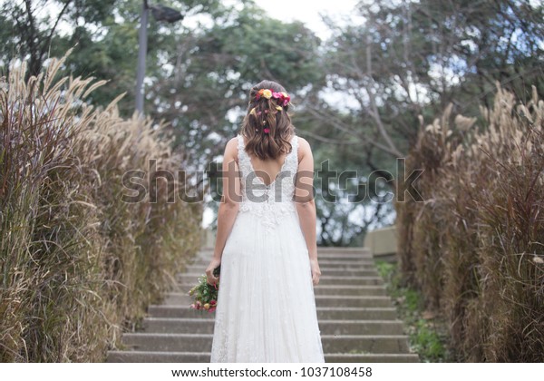 Brides Back Wearing White Dress Outdoor Stock Photo Edit Now