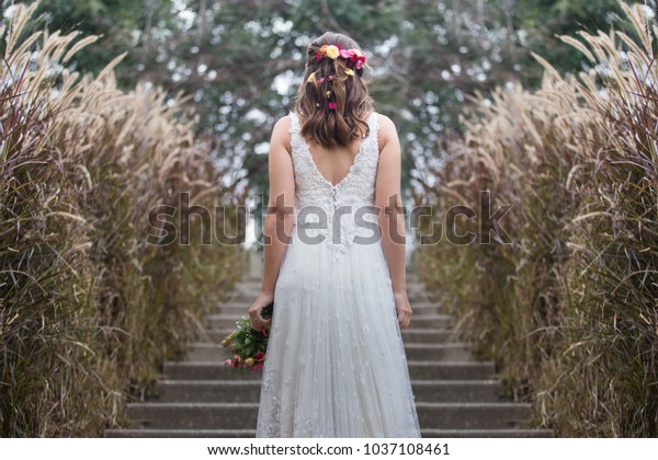 Brides Back Wearing White Dress Outdoor Royalty Free Stock Image