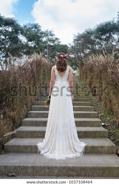 Brides Back Wearing White Dress Outdoor Stock Photo Edit Now