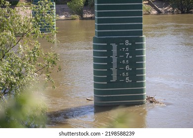 Bridge Abutment Of The Bridge Across The Dniester River With Water Rise Measurement