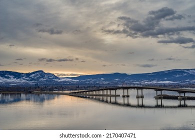 Bridge Across Lake Okanagan At Sunset In Winter