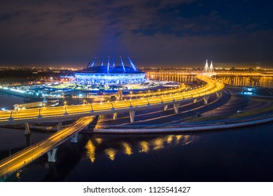 The Bridge Across The Strait. The Gulf Of Finland. Saint Petersburg. Highway In The Evening. Evening City. Russia. The Road Leading To The Island. Krestovsky Island In St. Petersburg.