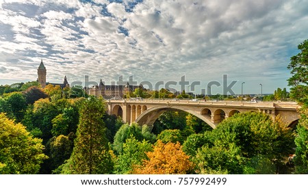 The bridge of Adolf (New Bridge) - a bridge in the city of Luxembourg, (built 1900-1903). The bridge connects Upper and Lower Town: two parts of Luxembourg. Luxembourg. Luxembourg. 