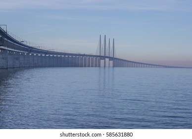 The bridge between Copenhagen Denmark and Malmo Sweden, the Oresund bridge, when spring light