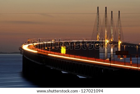 The bridge between Denmark and Sweden during sunset in March