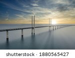 The bridge between Denmark and Sweden, Oresundsbron. Aerial view of the bridge during cloudy stormy weather.