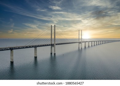 The bridge between Denmark and Sweden, Oresundsbron. Aerial view of the bridge during cloudy stormy weather. - Powered by Shutterstock