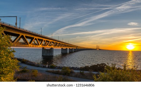 Øresund Bridge Between Denmark And Sweden In Sunset