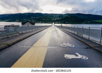 Bridge With Bike Signs Through Mjøsa Lake, Lillehammer