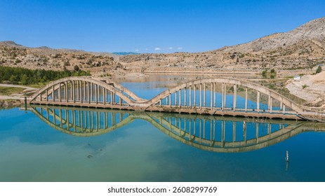 Bridge Built Over the Dam and Its Reflection on Water Susehri Sivas Turkey.