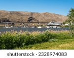 Bridge and the campground on the riverbank. Location is Snake River in Clarkston, Washington