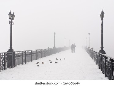 Bridge City Landscape In Foggy Snowy Winter Day - Walking Couple, Lanterns And Doves Flock - Ukraine, Donetsk