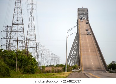 Bridge City, Texas, USA, - 2020: The Rainbow Bridge Crossing The Neches River In Southeast Texas. Dangerous Road, The Scariest Bridge In US. Cool Tourist Destination