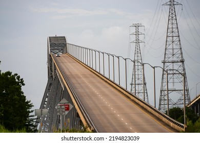 Bridge City, Texas, USA, - 2020: The Rainbow Bridge Crossing The Neches River In Southeast Texas. Dangerous Road, The Scariest Bridge In US. Cool Tourist Destination