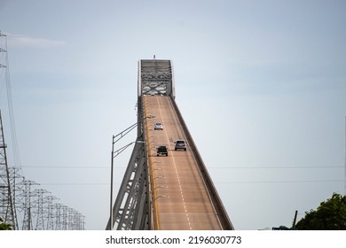 Bridge City, Texas, USA, - 2020: The Rainbow Bridge Crossing The Neches River In Southeast Texas. Dangerous Road, The Scariest Bridge In US. Cool Tourist Destination