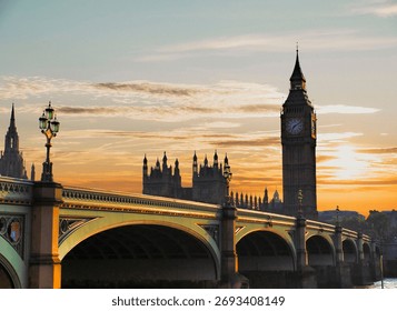 Bridge and clock tower at sunset