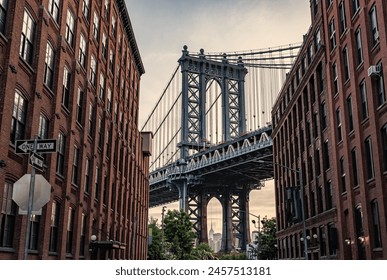 bridge connecting Lower Manhattan with Downtown Brooklyn. new york urban architecture. manhattan bridge in new york. architecture of historic bridge in manhattan. Tourist photography hotspot - Powered by Shutterstock