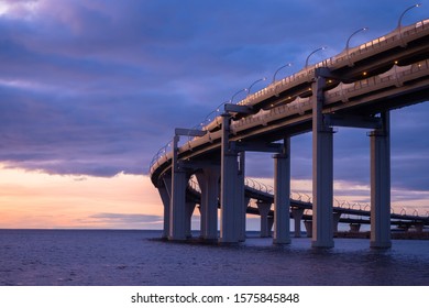 Bridge. Construction of bypass roads. Road architecture. Construction of bridges. Road over the bay. Travels. Concept - road to nowhere. Bridge over the gulf of finland. Saint Petersburg. Russia.