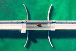 Bridge. Drawbridge Bridge For Car. Florida Gulf Of Mexico. Road Over Ocean Bay. Highway For Transportation Cargo And Peoples. US Hwy For Traveling. Top View. Drone Aerial Professional Photography.