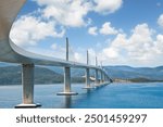 Pelješac Bridge - Europe, Croatia - Pelješki most connects Croatia to Dubrovnik, the old roman Ragusa city - Bridge with reinforced concrete pylons, steel structure and cable-stayed structure