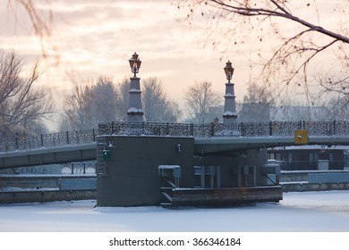 The Bridge In Fishing Village In Kaliningrad At Winter Time