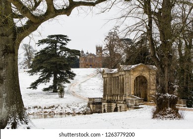 Bridge And Gothic Temple At Stowe In The Snow