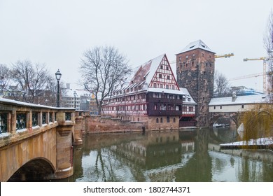 Bridge And Half-Timbered House Nuremberg Germany Winter 