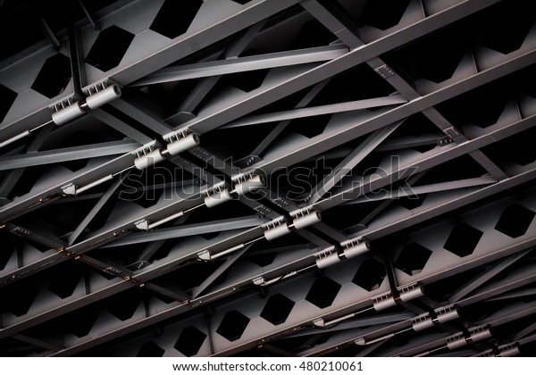 Bridge. Hydraulics\
bridge. black and white vintage steel bridge. Wooden ceiling\
texture with black and\
white.