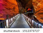 Bridge inside the stunningly beautiful Huanglong Yellow Dragon Cave called also the Wonder of the World`s Caves, Zhangjiajie, Hunan province, China