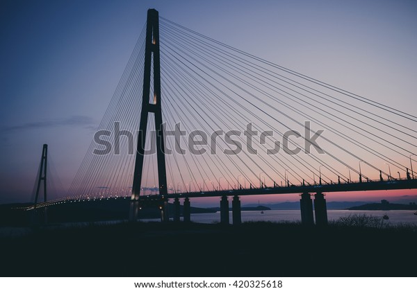 The bridge\
to the island of Russian,\
Vladivostok