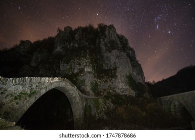 Bridge of Kokoris or Noutsos with star sky at night. This stone 
