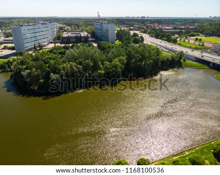 Bridge, large city pond and Victory Park in Zelenograd Russia.