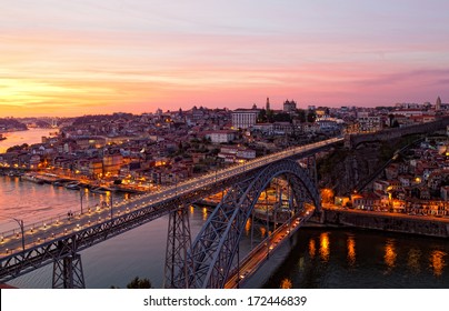 Bridge of Luis I at night over Douro river and Porto, Portugal