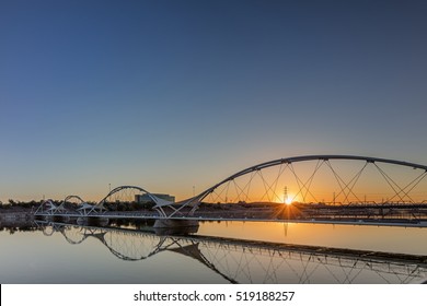 Bridge Next To The Tempe Center For The Arts In Phoenix Arizona With Sunrise. 