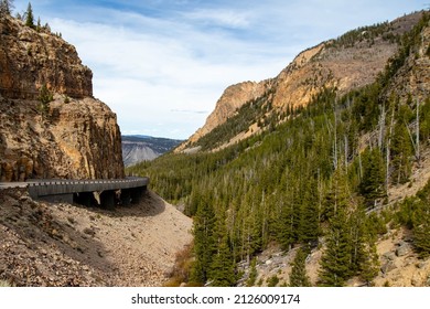 Bridge On The Grand Loop Road Running Through Golden Gate Canyon In Yellowstone National Park, Wyoming, Horizontal