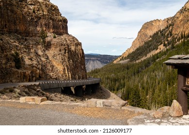 Bridge On The Grand Loop Road Running Through Golden Gate Canyon In Yellowstone National Park, Wyoming Facing North, Horizontal