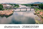 The Bridge on the River Kwai, Kanchanaburi, Thailand.The Death Railway, World War II, by the Japanese Army, which conscripted approximately 61,700 Allied prisoners of war. Opened 1943. Drone view.