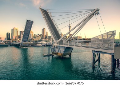 Bridge Opening At Viaduct Harbour In Auckland After Twilight, New Zealand