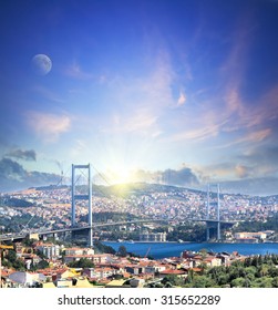 Bridge Over Bosphorus At Sunset. Travel And Business Concept