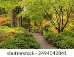 A bridge over a pond in a  japanese garden in northwest Oregon with trees showing their fall colors.