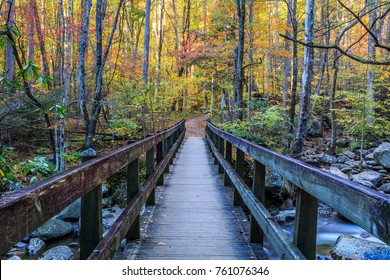 Bridge Over River In Great Smoky Mountains National Park With Fall Colors