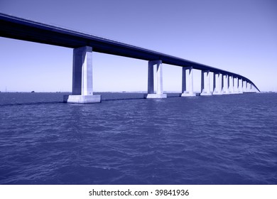 Bridge Over San Joaquin River Delta At Antioch California, High Enough At Apex To Allow Seagoing Cargo Vessels To Pass Beneath.