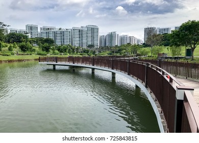 Bridge And Park At Singapore Public Housing Apartments In Punggol District, Singapore. Housing Development Board(HDB)