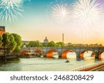 bridge Pont Neuf and Seine river at sunny summer sunset with fireworks, Paris, France