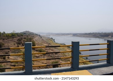 Bridge Road Pull Over River In India. Indian National Highway Bridge Narmada River.