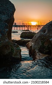 Bridge Rocks Sea Sunset Landscape Caspian Sea Kazakhstan