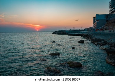 Bridge Rocks Sea Sunset Landscape Caspian Sea Kazakhstan