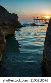 Bridge Rocks Sea Sunset Landscape Caspian Sea Kazakhstan