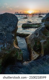 Bridge Rocks Sea Sunset Landscape Caspian Sea Kazakhstan